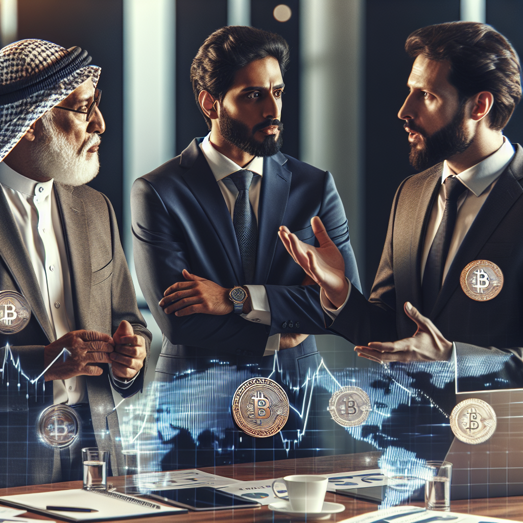 Imagine cu oameni de afaceri care discuta strategia comerciala la o conferinta pe tema criptomonedelor, cu o abordare de tip fotografica, toata lumea avand un aspect european.