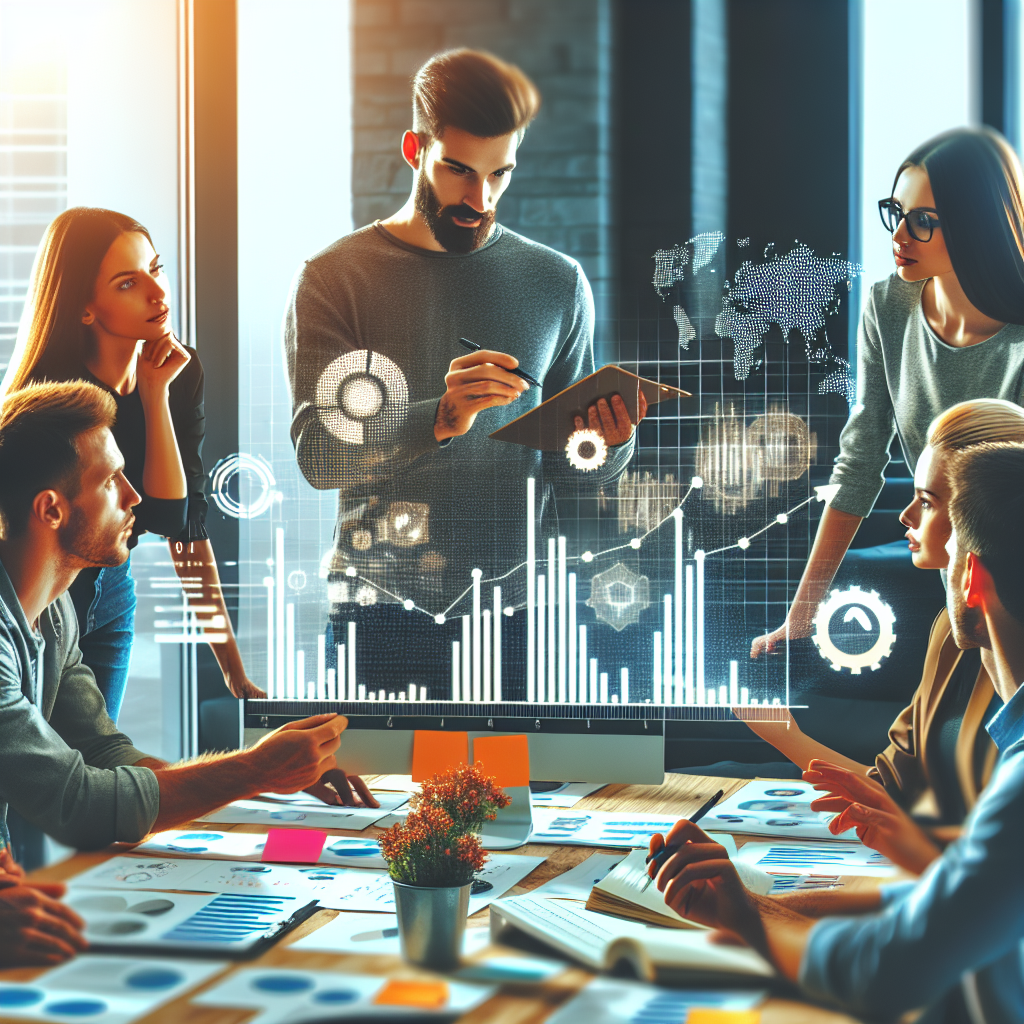 Imaginea arata un grup de oameni care discuta despre datele Yandex.Metrica intr-un birou; persoane europene analizeaza graficele si se pregatesc sa ia decizii importante pe baza informatiilor prezentate. Fundalul este un birou modern, echipat cu calculatoare si notite.