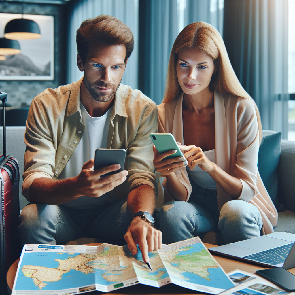 Imagine cu turisti europeni care examineaza site-uri de calatorie si planifica vacante, folosind un laptop si un smartphone.