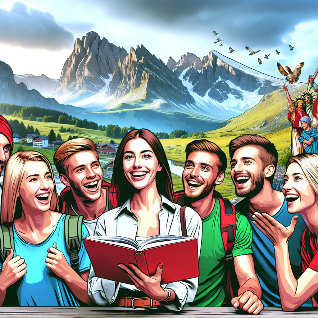 Imagine cu un grup de turisti europeni, discutand planurile de calatorie, pe fondul unui peisaj montan frumos. Imaginea ar trebui sa arate ca o fotografie, cu culori vii si emotii vesele.