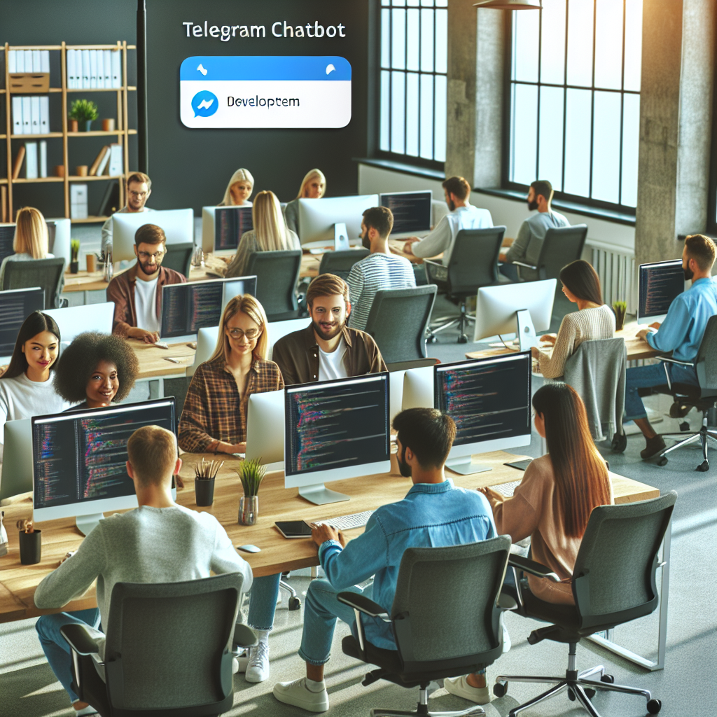 Imagine cu un birou confortabil al unei companii IT, unde angajatii lucreaza la dezvoltarea unui chatbot pentru Telegram. Toate persoanele au un aspect european.