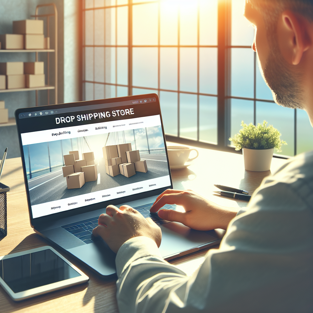Om care sta la birou si lucreaza la un laptop, cu ecranul deschis pe pagina unui magazin de dropshipping. Persoana are trasaturi europene, biroul este luminos, intr-o zi insorita.