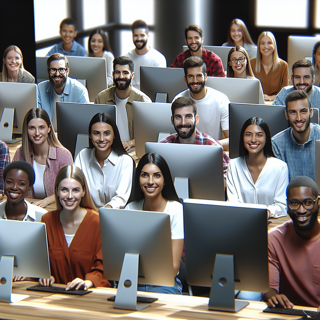Grup de oameni muncind la calculatoare intr-un birou modern. Toti oamenii sunt de tip european, aratand fericiti si implicati in proces. Imaginea ar trebui sa arate ca o fotografie, astfel incat sa nu poata fi diferentiata de o fotografie reala.