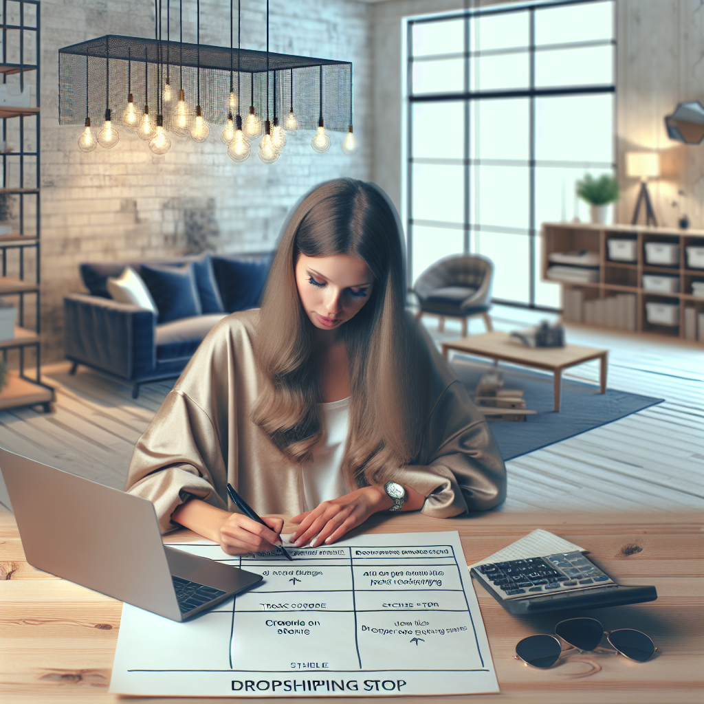 Femeie care lucreaza la un laptop, avand in fata un plan de sarcini pentru crearea unui magazin de dropshipping. Persoana are trasaturi europene, iar interiorul este confortabil si modern amenajat.