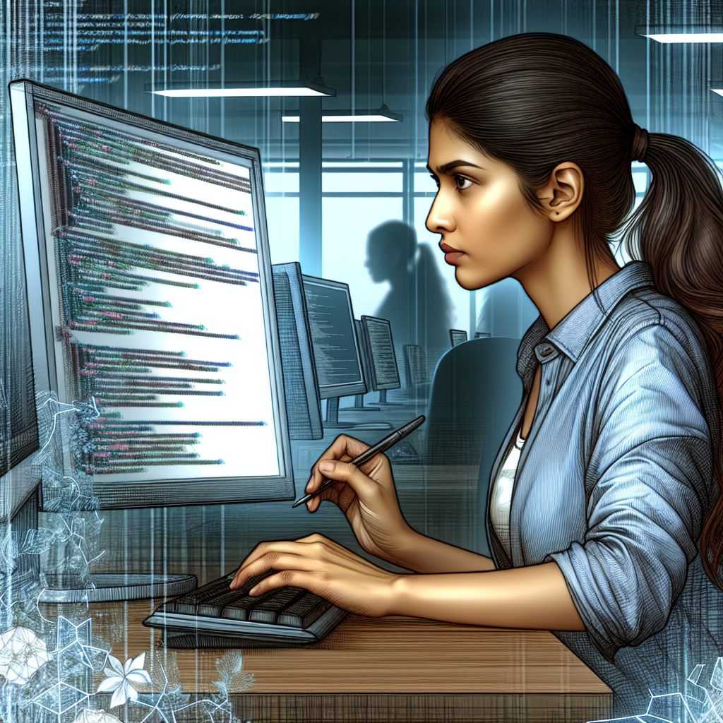 Programator lucrand la cod pe computer intr-un birou. Trebuie sa-l aratati pasionat si concentrat pe munca cu ecranul, toate detaliile trebuie sa arate complex si modern. Imaginea ar trebui sa arate ca o fotografie, astfel incat sa nu poata fi diferentiata de o fotografie reala.