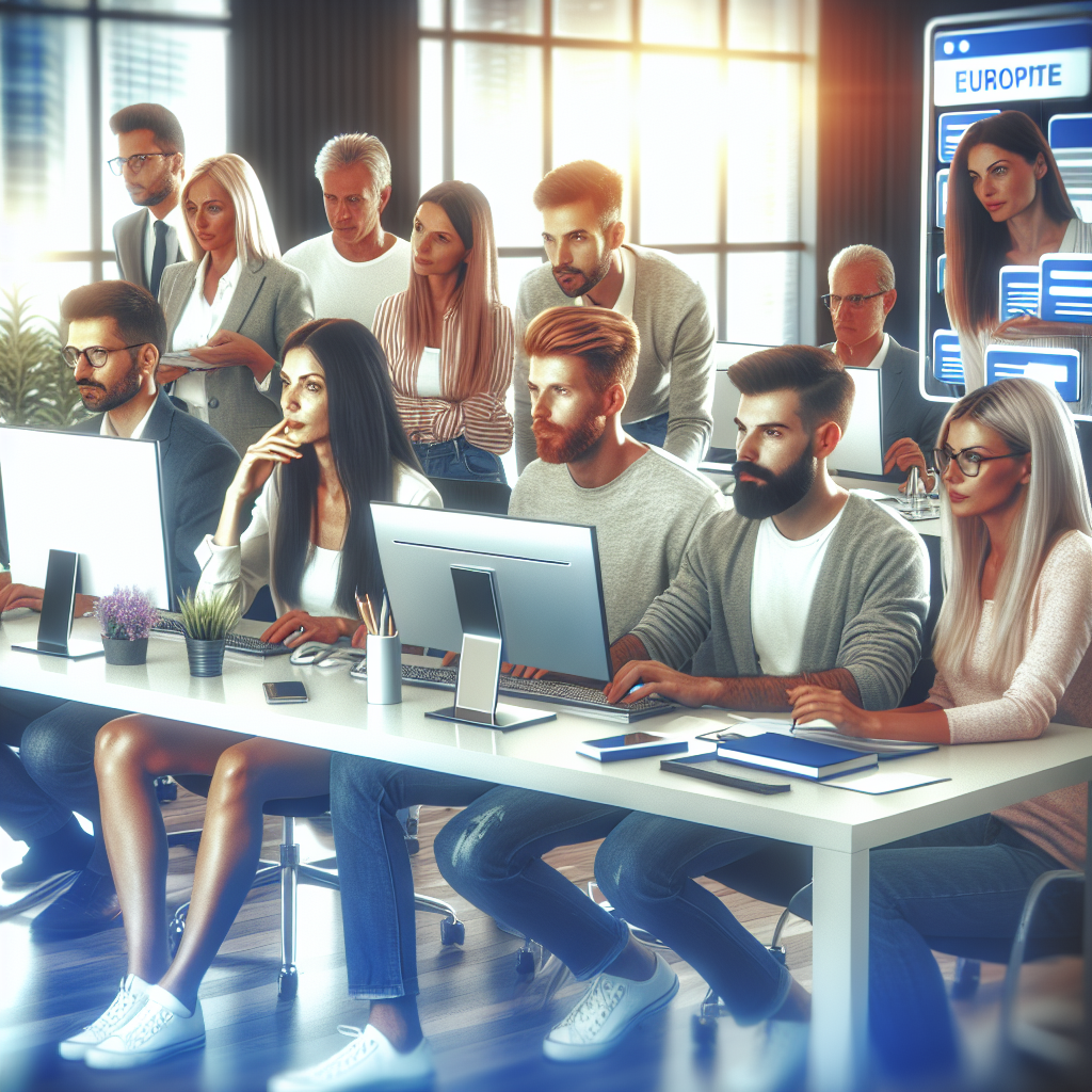 Grup de europeni testand usabilitatea unui site pe un computer intr-un birou modern, aratand ca o fotografie.