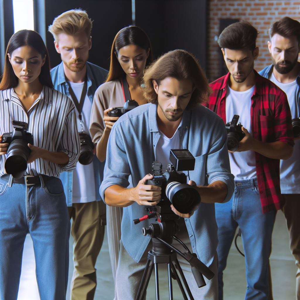 Imagine cu o echipa de videografi profesionisti, ocupandu-se cu filmarea, folosind o camera, in apropierea unei studiouri, pentru a arata ca o fotografie reala, toate persoanele <a href=
