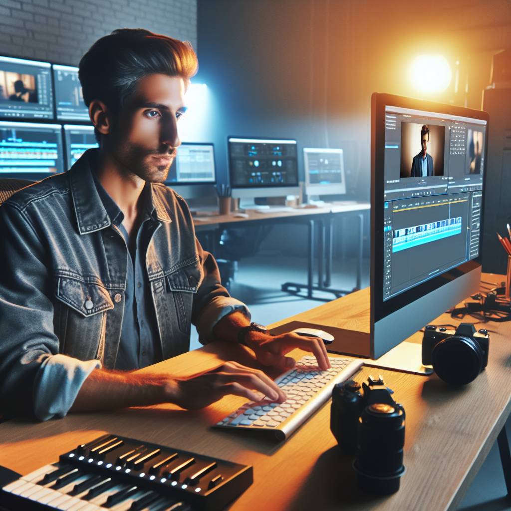 Imagine cu un editor video profesionist la lucru intr-o locatie de studio, inconjurat de computere si echipamente, pentru a arata ca o fotografie reala, toate persoanele ar trebui sa aiba tipologie europeana.