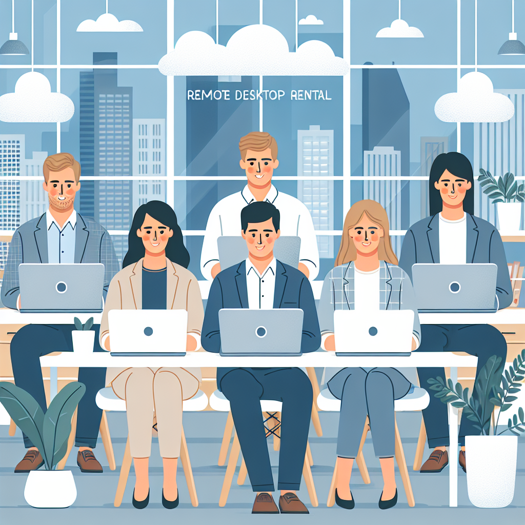 Grupa de oameni de tip european lucreaza pe laptopurile lor intr-un birou confortabil, aratand o scena de inchiriere a unui birou la distanta. Toti par fericiti si concentrati pe ecranele lor, avand o vedere asupra orasului prin feronerie.