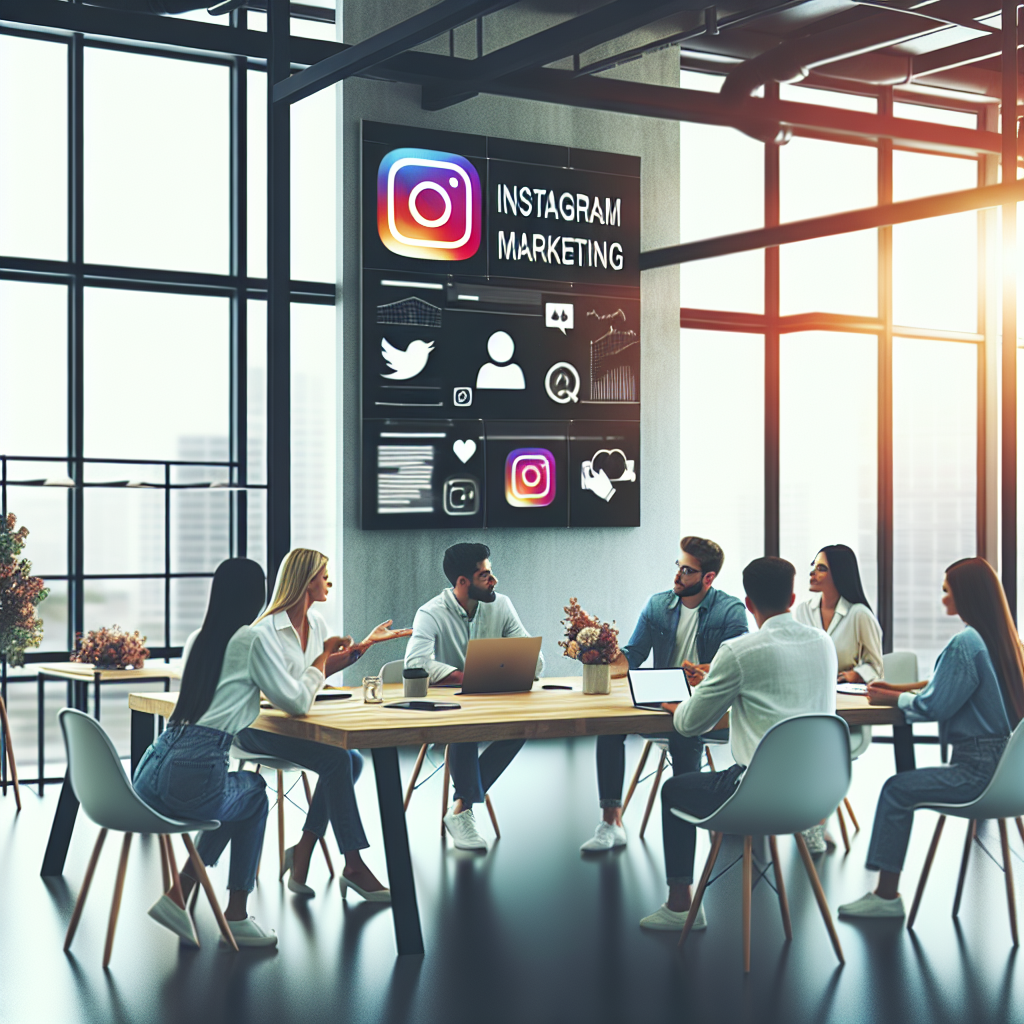 Grup de europeni discutand despre promovarea pe Instagram si marketingul in social media intr-un birou luminos.