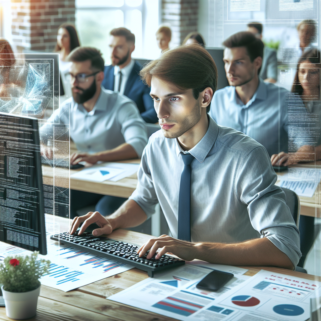 un programator 1C care lucreaza la calculator intr-un birou, inconjurat de documente si grafice; aspecte de tip european, atmosfera de concentrare si abordare creativa, imaginea ar trebui sa arate ca o fotografie realista.