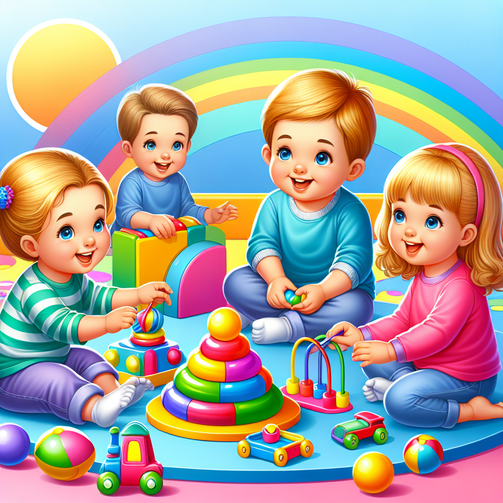Imagini cu copii care se joaca cu jucarii colorate si stralucitoare. Copiii europeni zambesc si interactioneaza intre ei. Fundalul este luminos si colorat, atragand atentia.