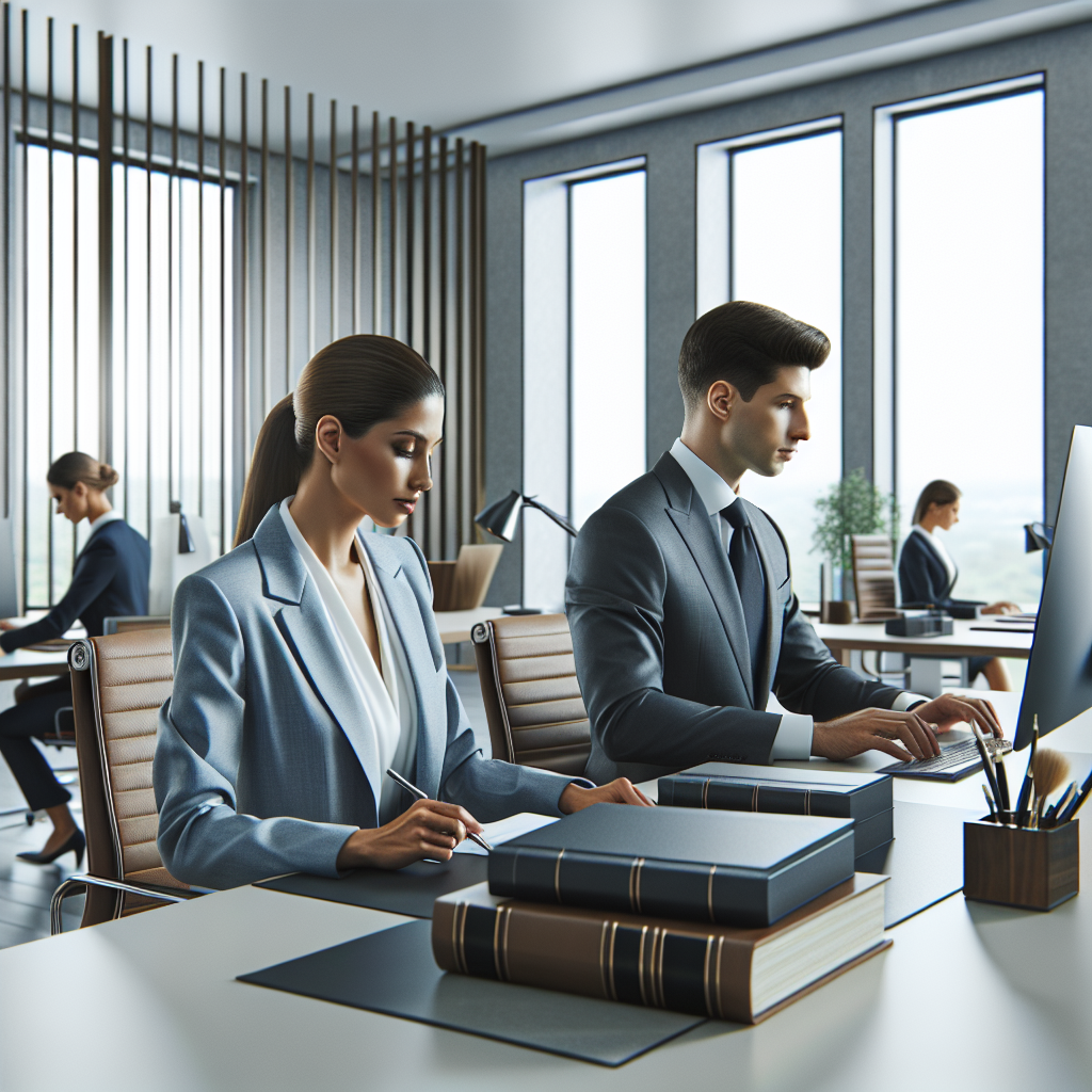 Imagine a unui birou juridic modern, cu avocati profesionisti lucrand la birouri, imbracati in costume de afaceri. Stilul este modern si minimalist, reflectand <a href=