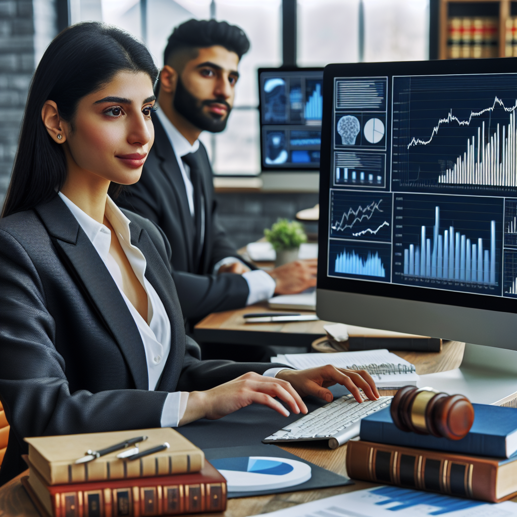 Imagine a unui avocat care lucreaza la un computer, cu grafice si diagrame care arata <a href=