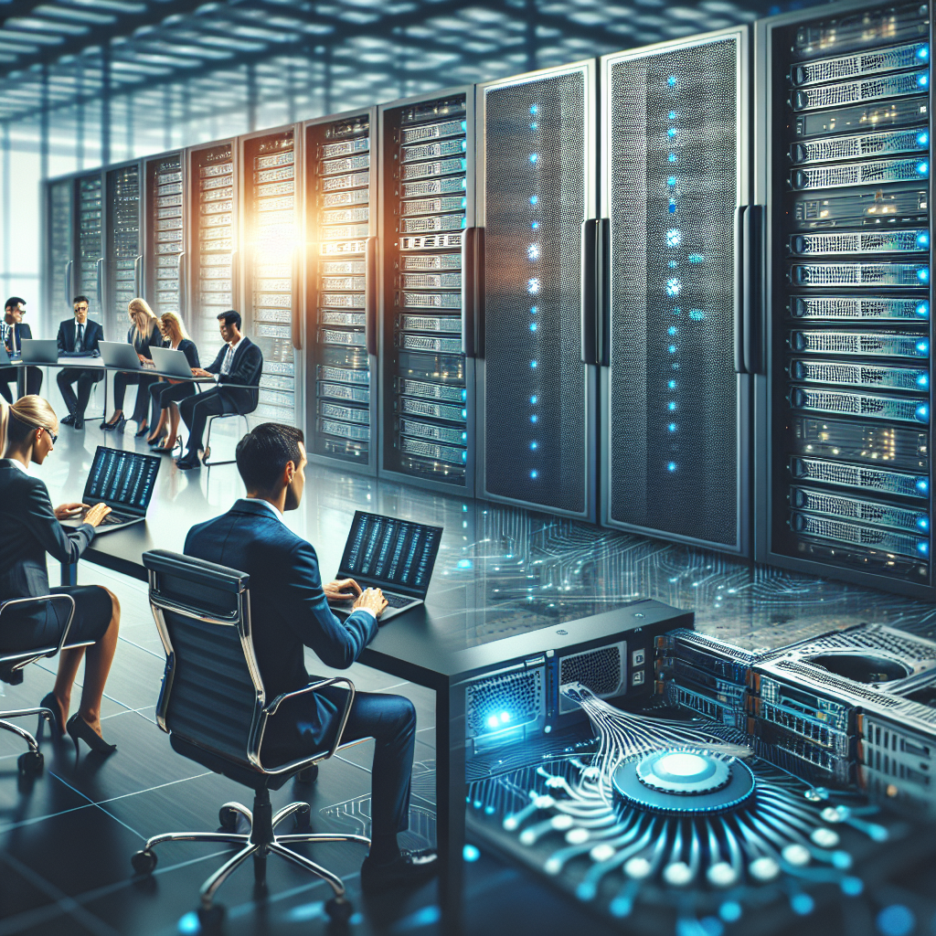 Imagine cu echipamente server de inalta calitate, prezentate intr-un stil modern, avand un aspect de fotografie profesionala. In imagine se află persoane de tip european, care lucreaza intr-un mediu de birou, inconjurate de <a href=