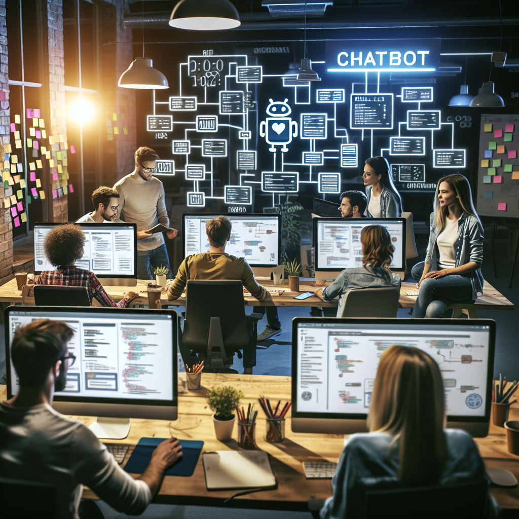 O imagine cu mai multe persoane de tip european care lucreaza la computere intr-un birou IT confortabil, discutand despre un proiect de dezvoltare a unui chatbot.
