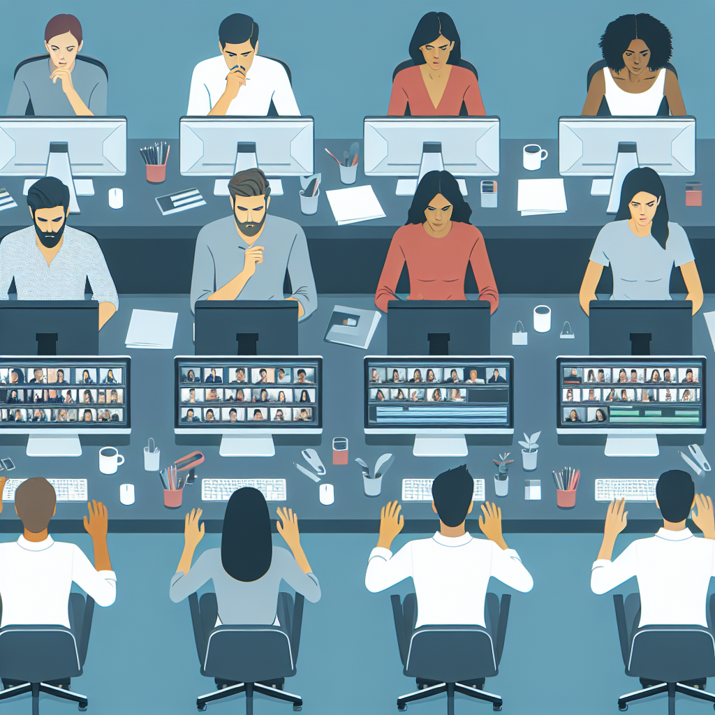 Imagine cu o echipa de editori video profesionisti, lucrand la computere cu ecrane pline de proiecte video. Toti oamenii au un aspect european.