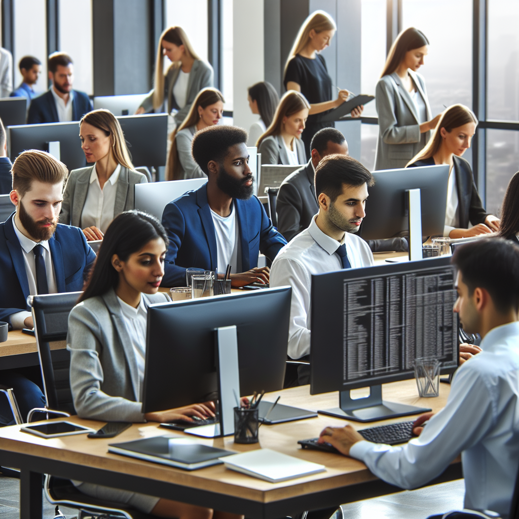 Generati o imagine a unui birou cu angajati multinationali, lucrand la calculatoare cu acces la un server la distanta, toti avand o infatisare europeana.