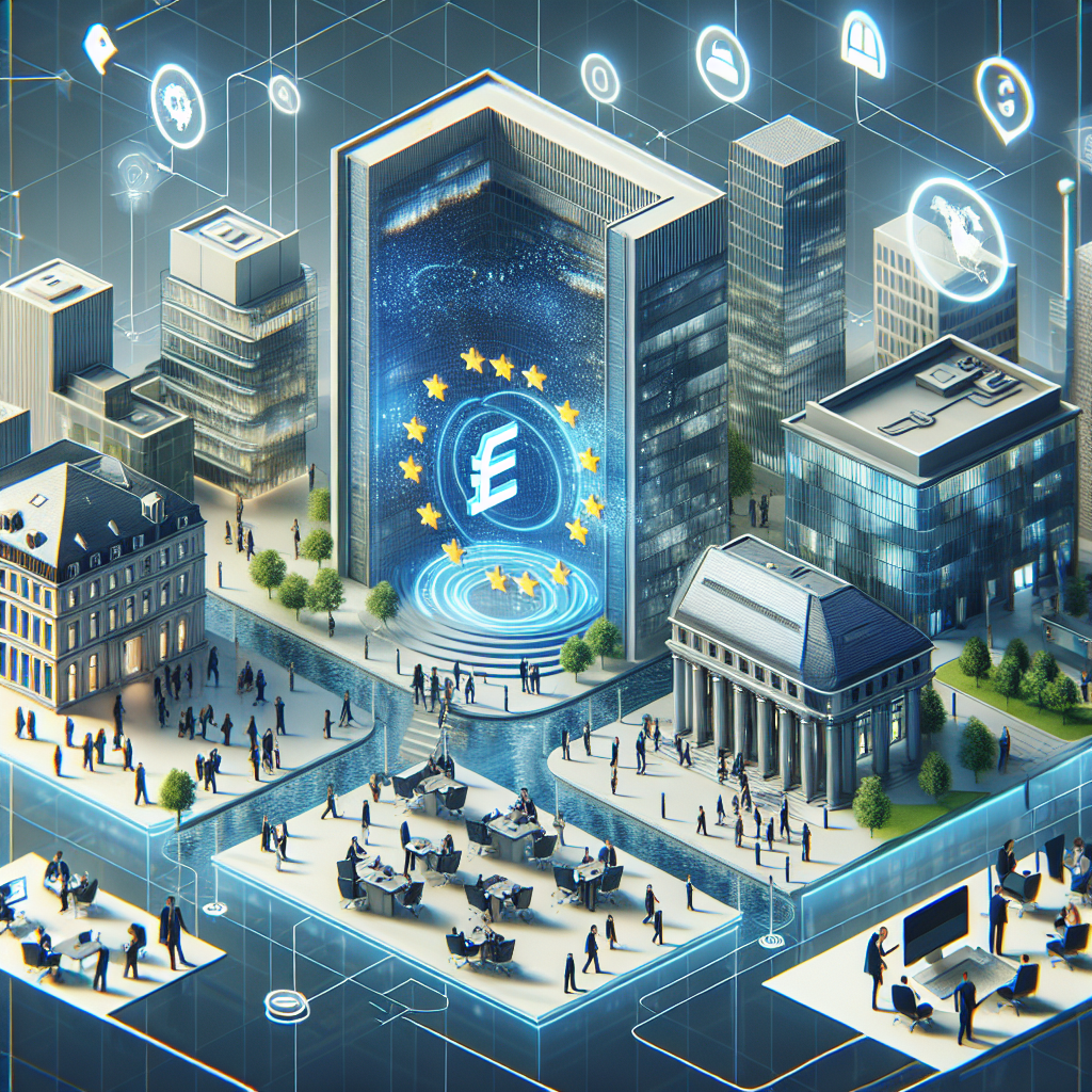 Imagine a viitorului metavers, unde persoane de tip european interracteaza in spatiul virtual cu realitate hibrida, incluzand cladiri de birouri, spatii pentru intalniri si active digitale in jur.