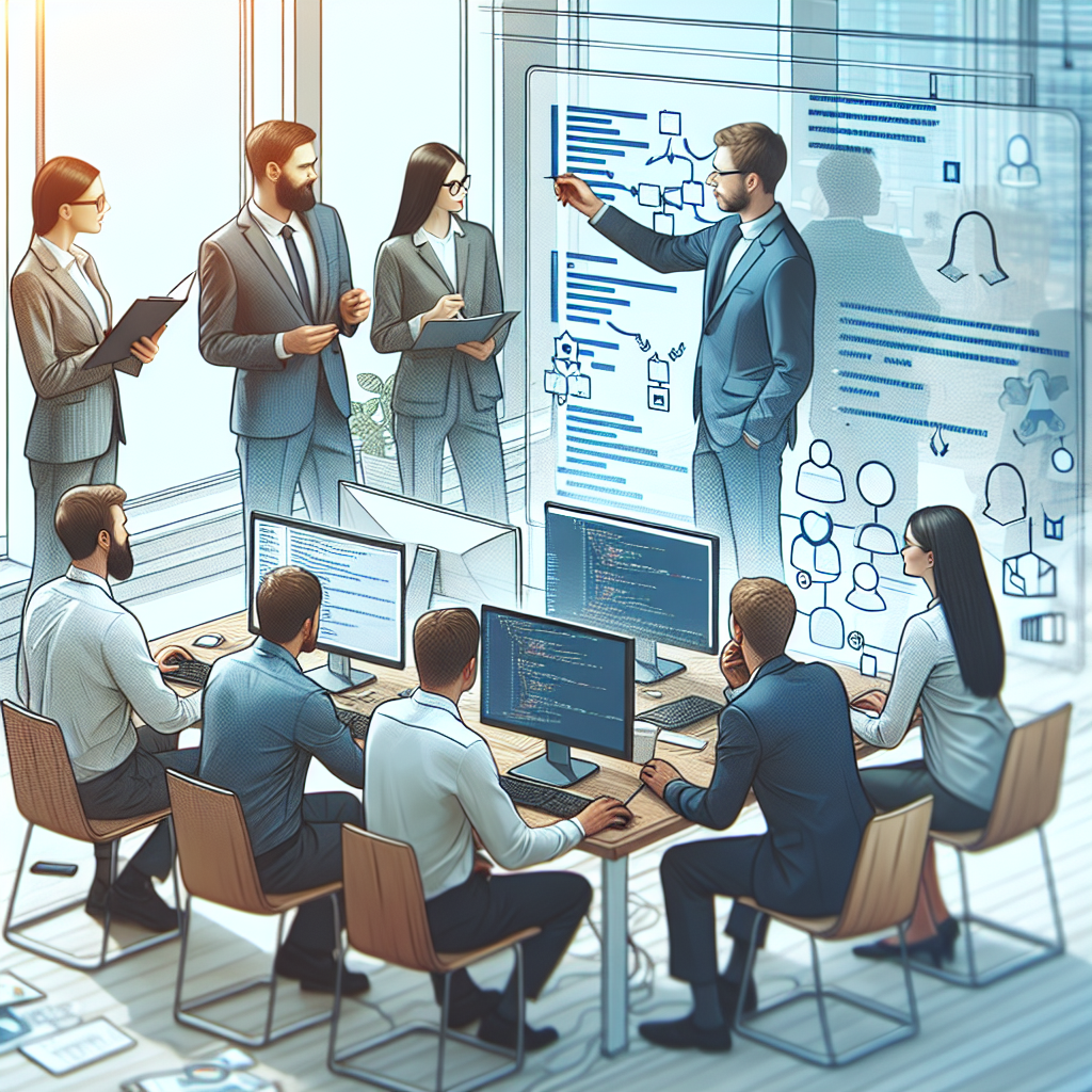 Imaginea ilustreaza procesul de dezvoltare a unui sistem CRM, unde o echipa de profesionisti lucreaza la cod si design. Biroul este populat de persoane europene, care interactioneaza prietenos, fie la computere, fie discutand la o tabla cu note.