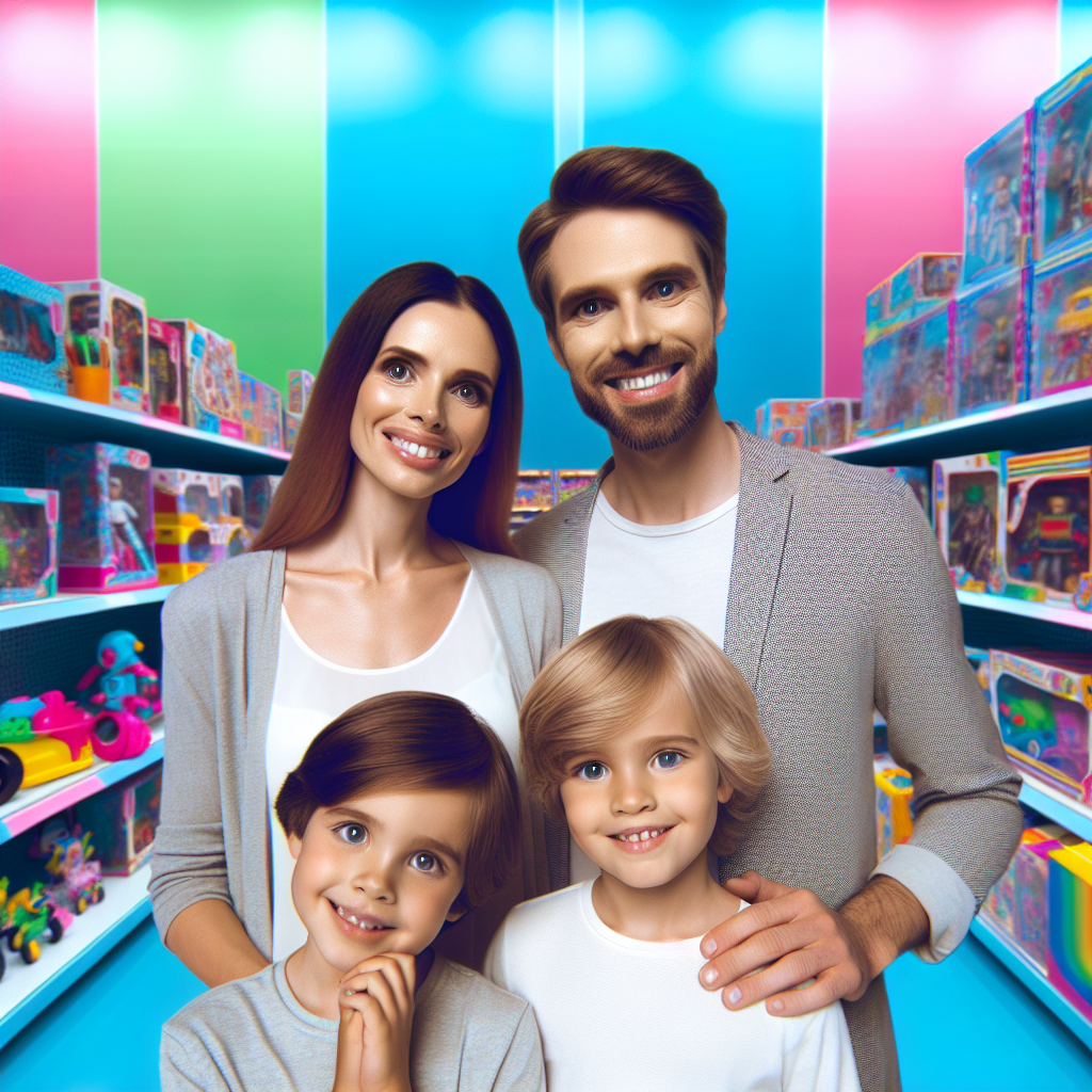 Familie cu copii in fata unui raft cu jucarii intr-un <a href=
