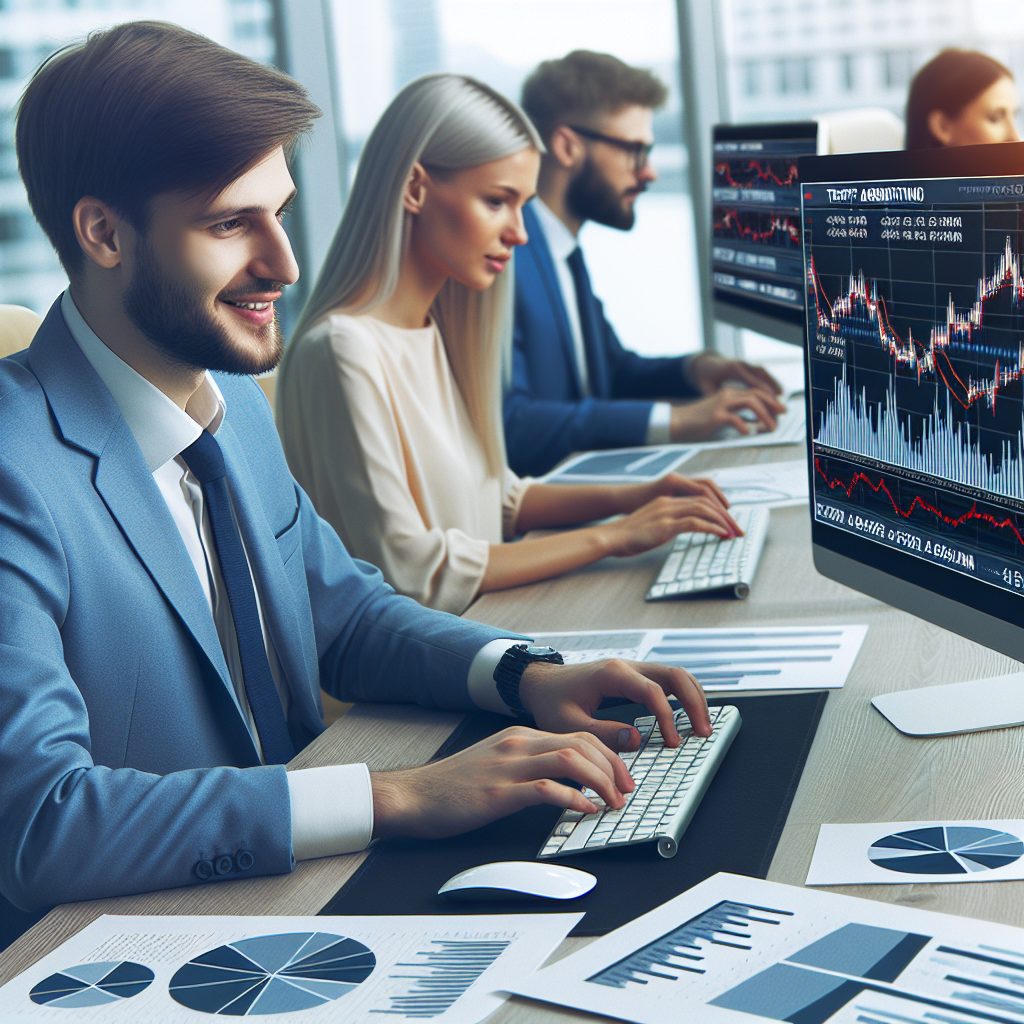 Imagine cu oameni care lucreaza la calculatoare, analizand grafice si date legate de arbitrajul de trafic in iGaming, avand trasaturi europene, intr-un birou modern, astfel incat imaginea sa arate ca o fotografie.