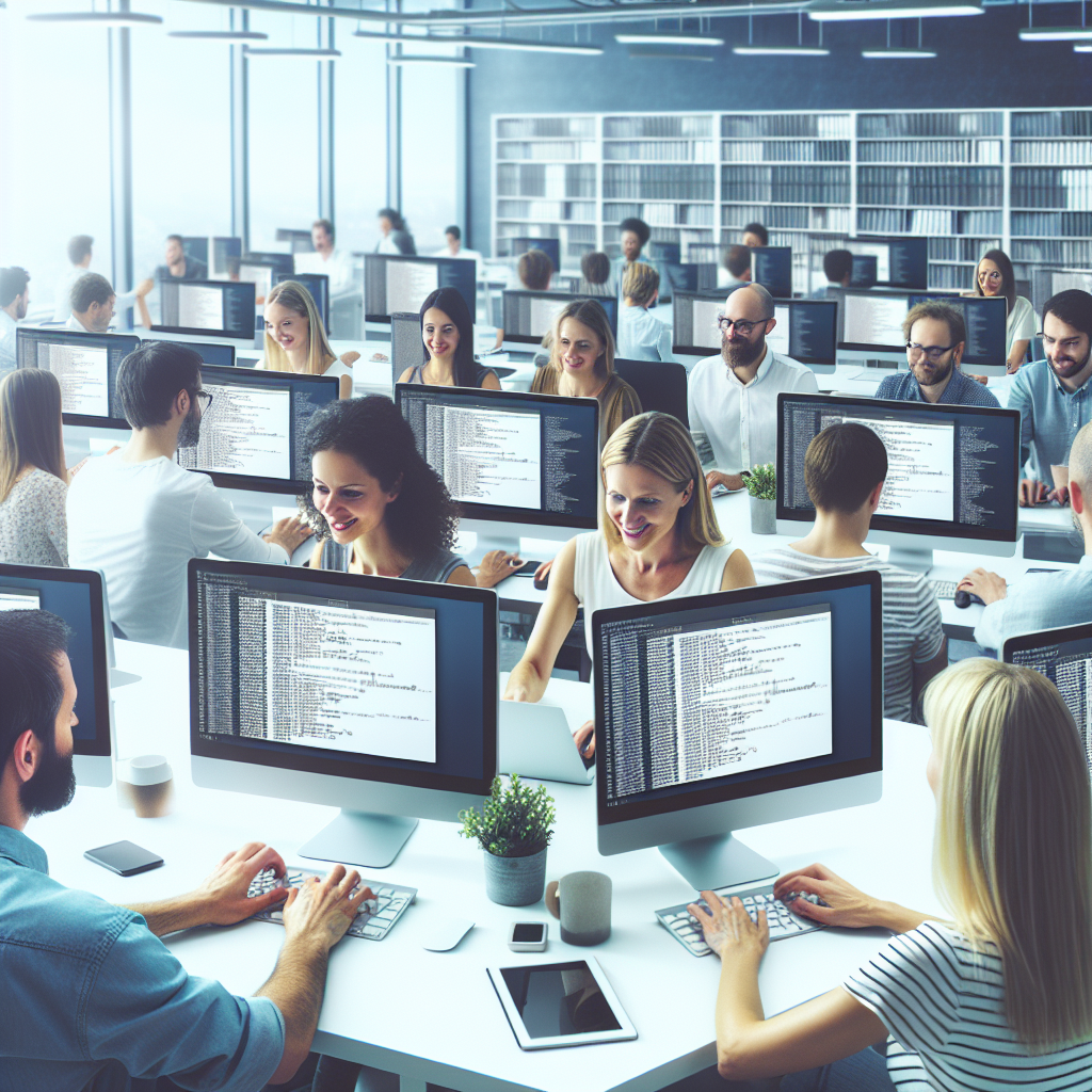 Imagine cu un birou modern, echipat cu computere ce afiseaza ecrane Linux. Persoanele din fotografie, de tip european, zambesc si colaboreaza activ.