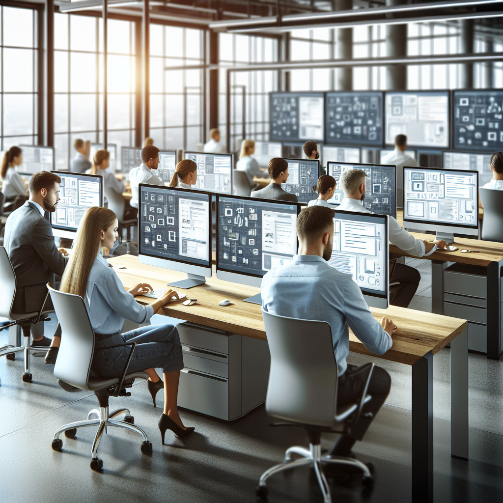 Foto care ilustreaza procesul de integrare intre Tilda si AmoCRM, cu oameni de tip european care lucreaza la computere intr-un birou modern.