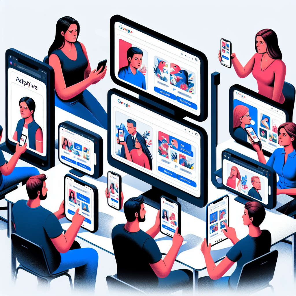 Imagine cu o campanie publicitara, care prezinta diverse anunturi Google adaptive pe ecranele diferitelor dispozitive: telefoane si computere. Toate persoanele afisate au un aspect european si par a fi interesate de reclama.
