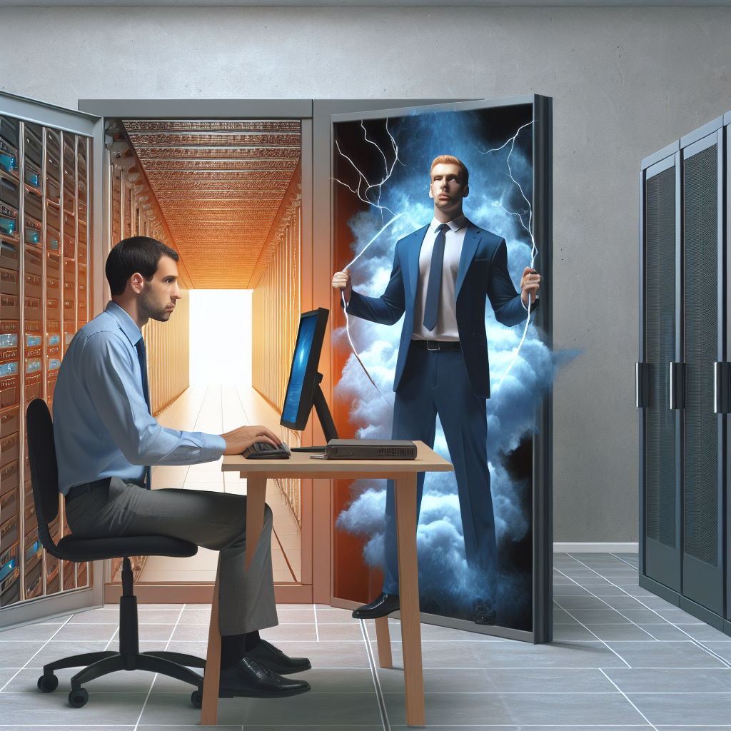 Businessman lucrand la computer langa o camera de server, imagine care arata ca o fotografie, cu oameni de tip european.