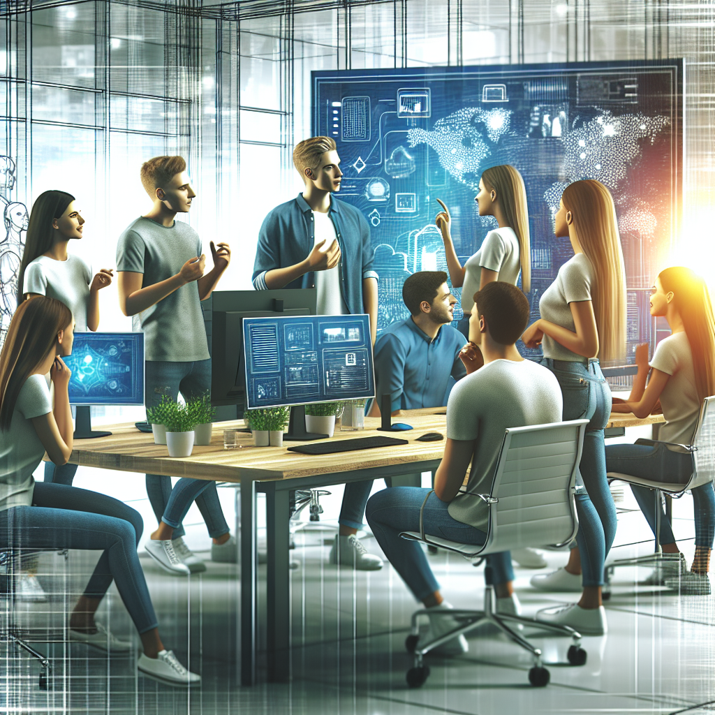 Imagine cu un grup de tineri (tip european) care discuta solutii tehnice pentru un site intr-un birou modern, inconjurati de computere si ecrane digitale. Fotografia ar trebui sa arate ca una reala, cu culori vii si o atmosfera prietenoasa.