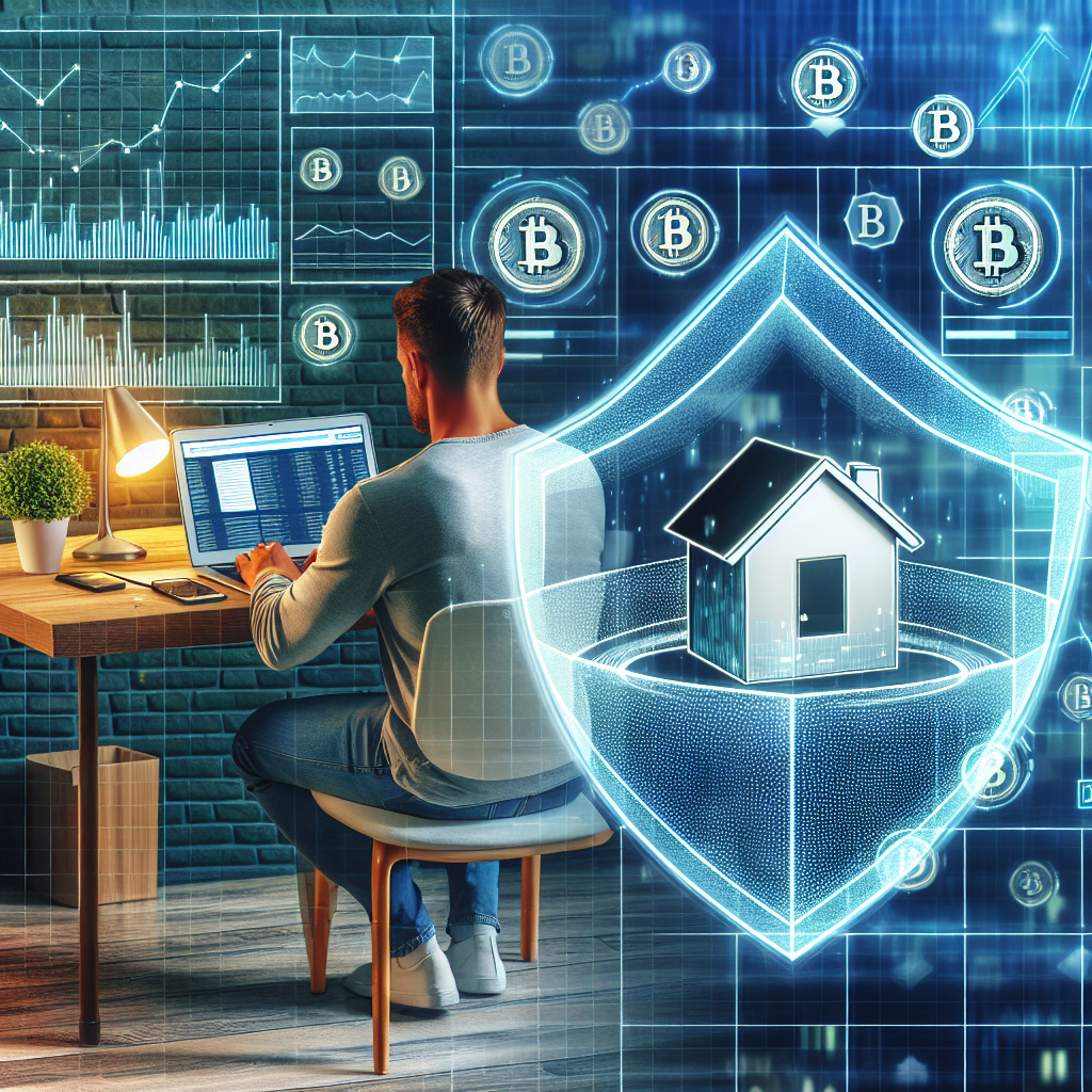 Imagine cu un om care lucreaza la un laptop cu browserul Opera Crypto deschis pe ecran, alaturi de grafice ale criptomonedelor si o casa sigura, simbolizand <a href=