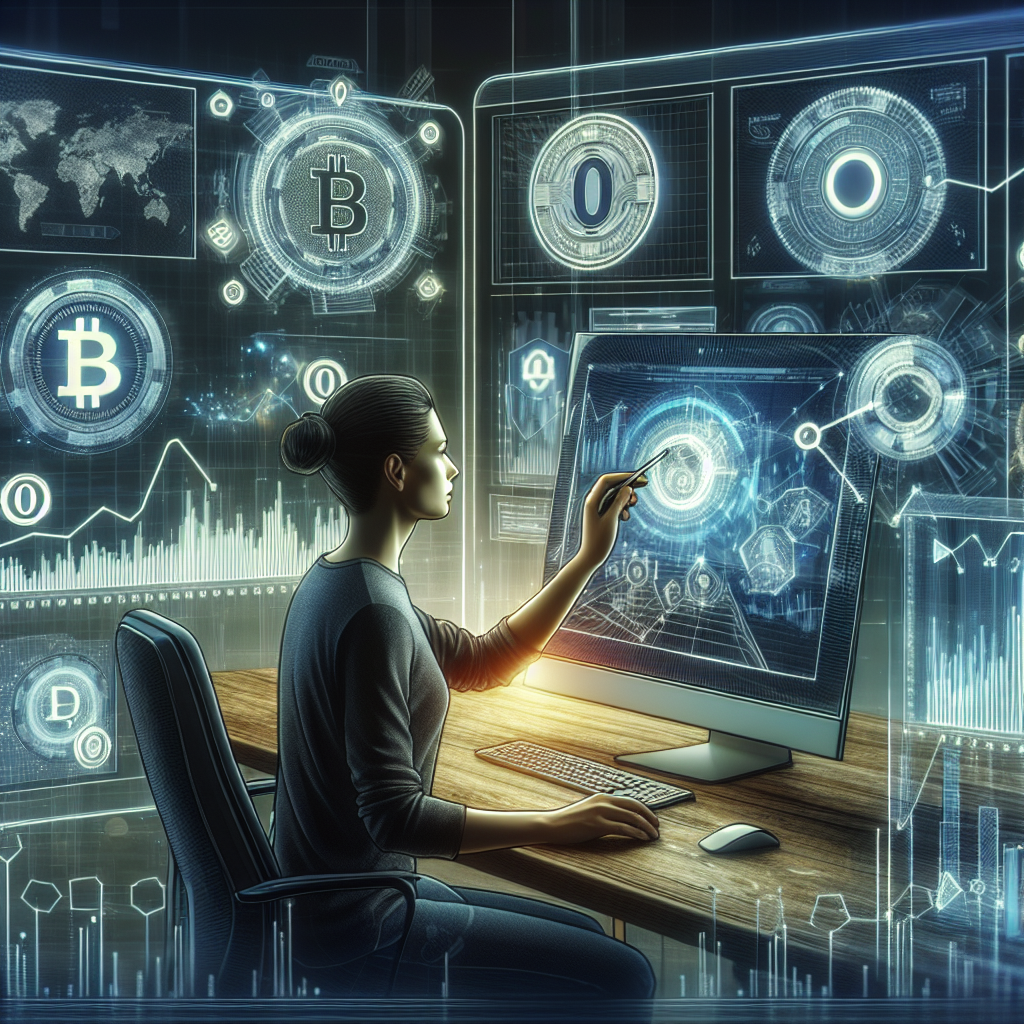 Imagine cu un om care lucreaza cu software-ul Opera, inconjurat de grafice si iconite ale criptomonedelor, demonstrand usurinta in utilizarea programului. Aspectul tuturor persoanelor este de tip european.