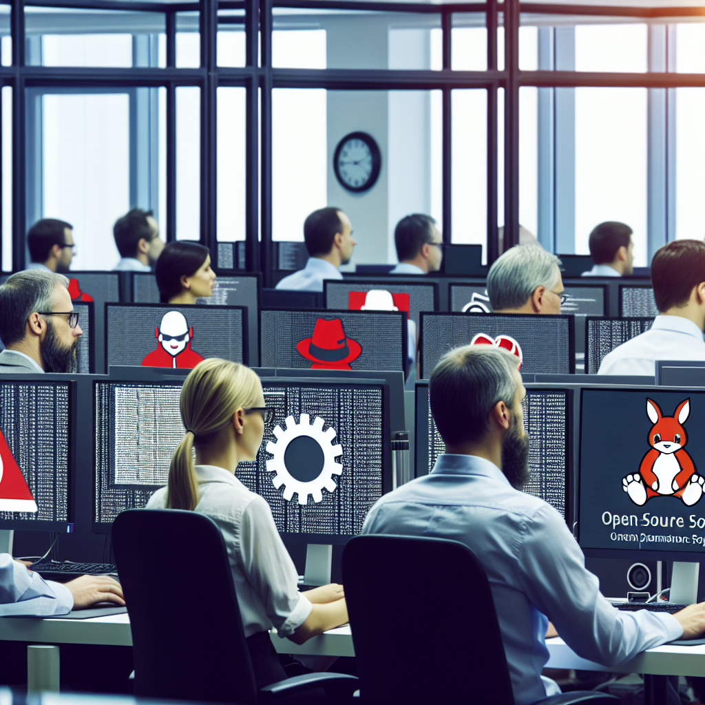 Imagine care arata oameni in birou, lucrand la computere, cu logo-uri Red Hat si Debian pe ecran; tipuri europene de oameni, atmosfera de profesionalism.