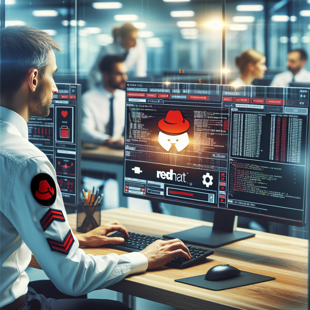 Imagine care demonstreaza un specialist tehnic, lucrand la computer, cu elemente de software RedHat pe ecran; tipuri europene de oameni, atmosfera de lucru confortabila.