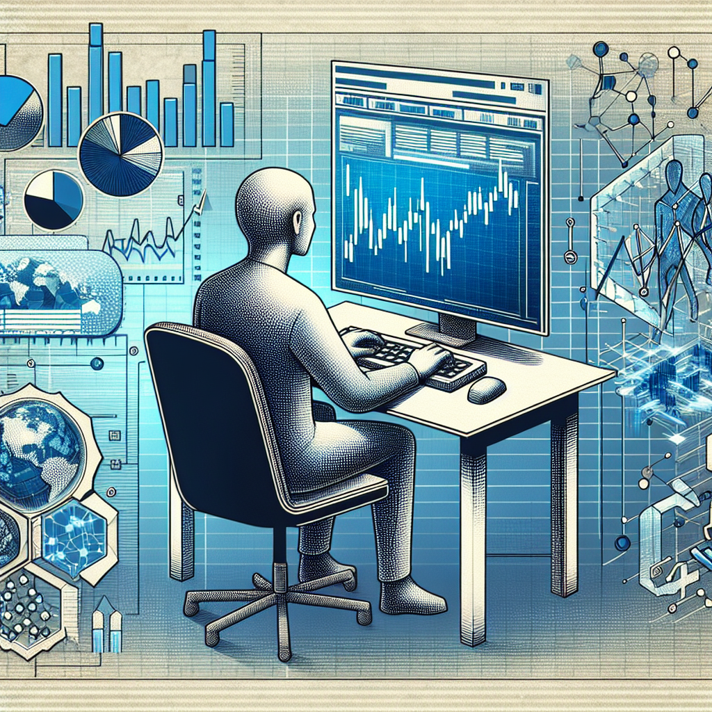 Imagine cu un om care lucreaza la computer, analizand grafice legate de piata NFT, inconjurat de elemente de arta digitala. Toate persoanele din imagine sunt de tip european.