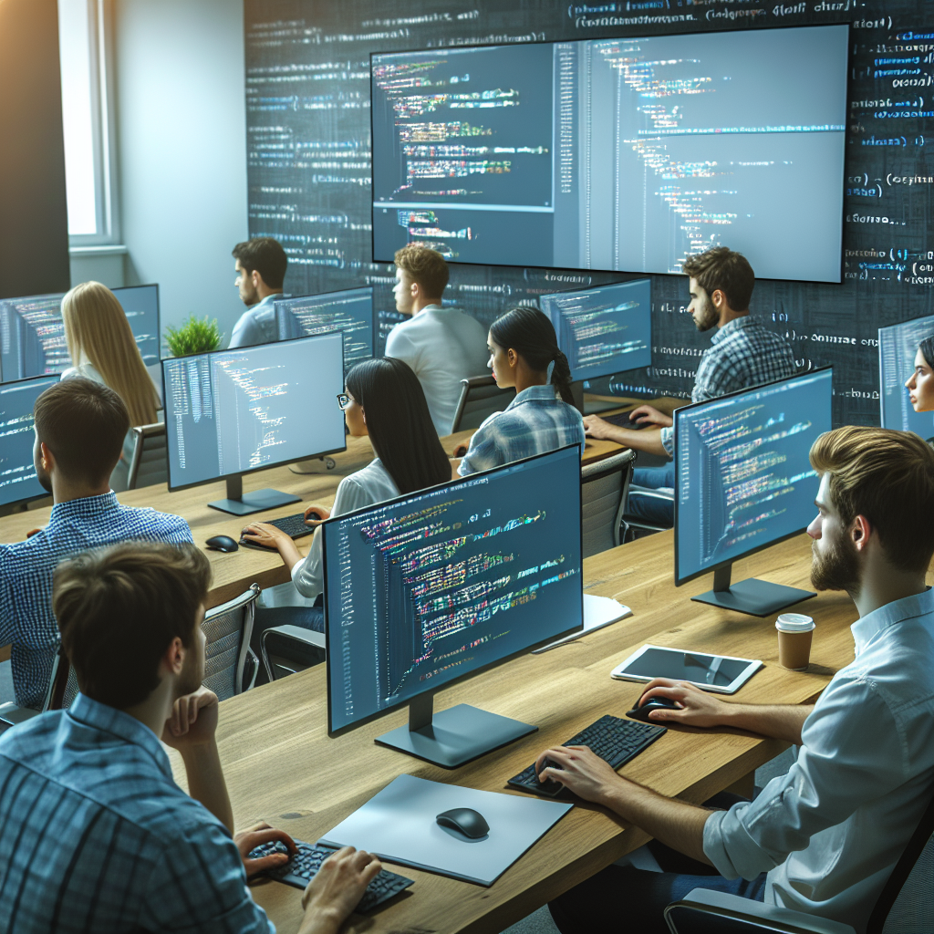 Grup de oameni cu aspect european care invata programare pe computere, demonstrand cursuri de Django intr-un birou modern.