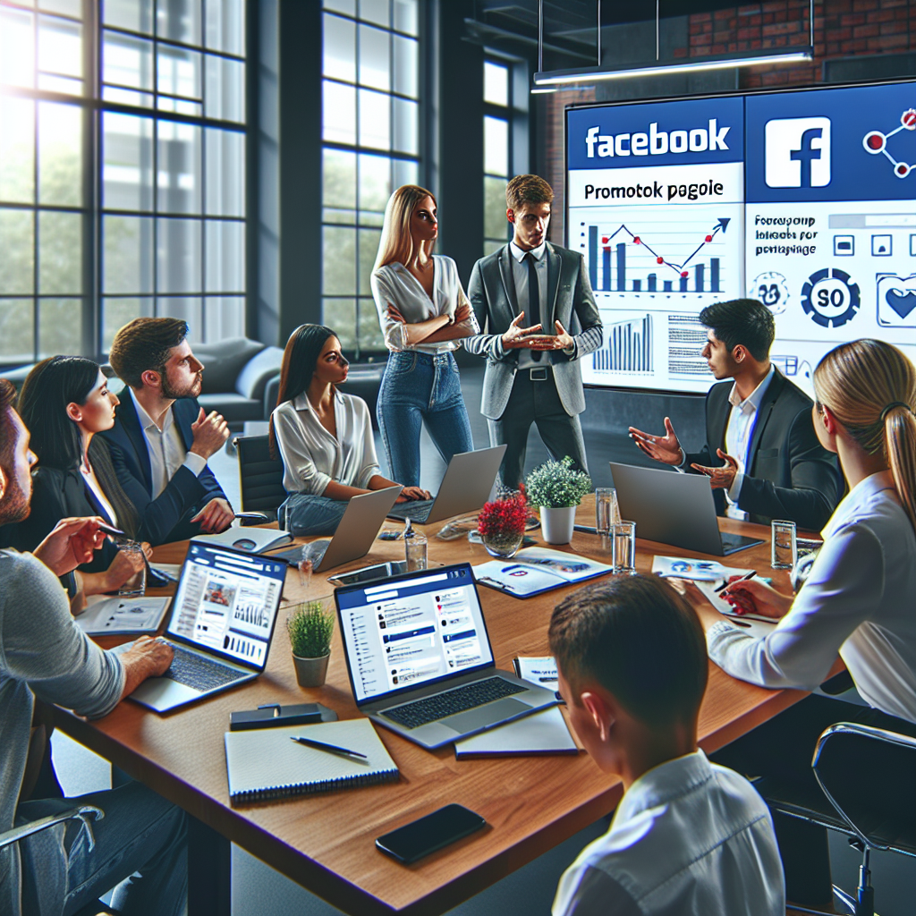 Un marketer profesionist de tip european, sustinand o intalnire pentru strategia de promovare a paginii de Facebook cu echipa intr-un birou modern, cu laptopuri si grafice.
