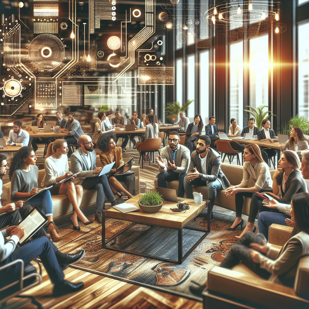 Imagini cu oameni care discuta despre tendintele SocialFi intr-un birou confortabil, cu un decor elegant, avand expresii de placere pe fata.