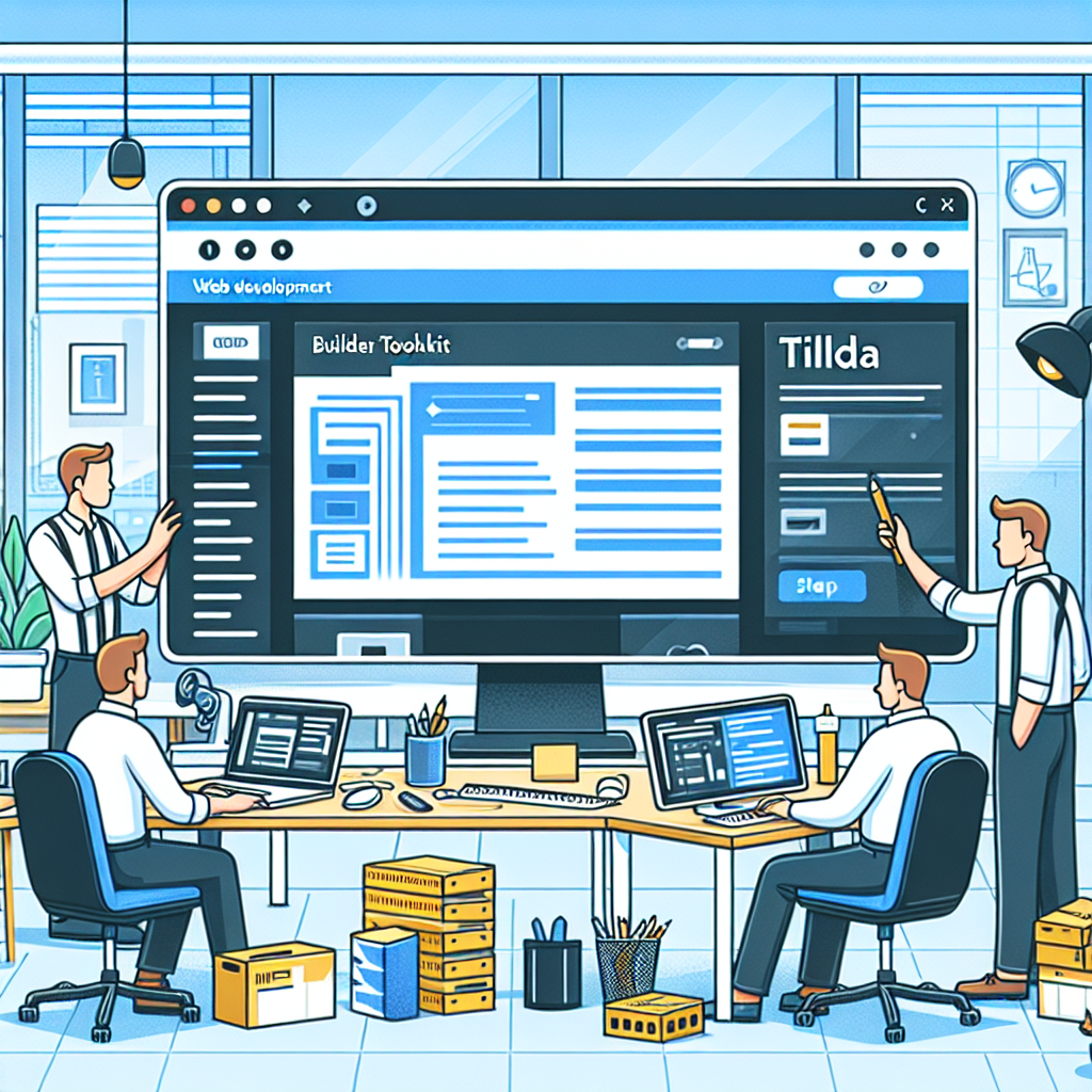 Imaginea arata specialisti lucrand la un site web pe platforma Tilda, inclusiv ecranul unui computer cu interfata constructorului, intr-un stil de birou. Persoanele au trasaturi europene.