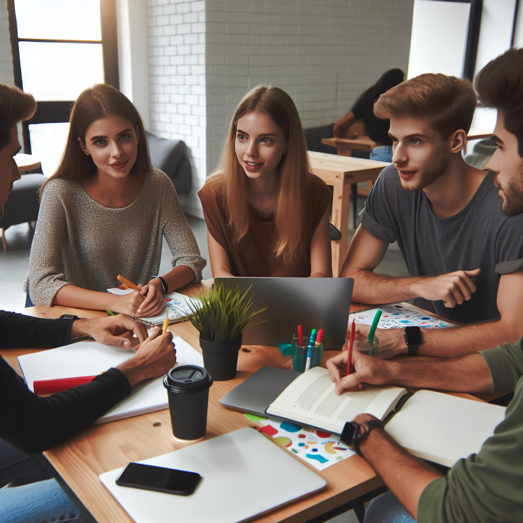 Imagini cu o echipa de tineri care lucreaza intr-un spatiu de co-working, discutand despre conceptul de SocialFi, intr-o atmosfera prietenoasa si creativa.