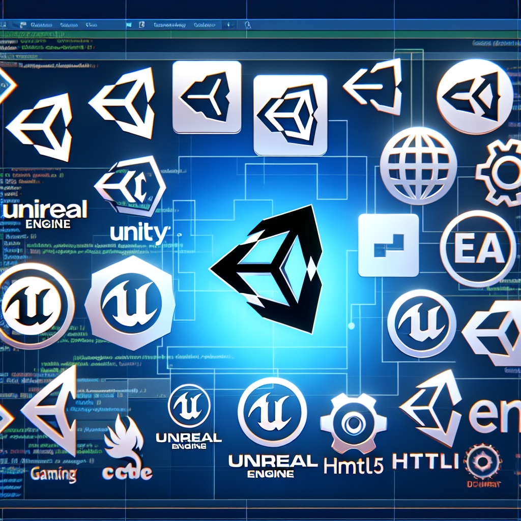 Imagine cu logo-urile celor mai populare motoare de joc (Unity, Unreal Engine, HTML5 si altele) aranjate pe un fundal modern, specific dezvoltarii. Toate logo-urile trebuie sa fie clare si usor de recunoscut.