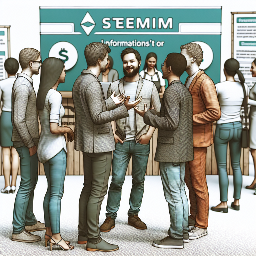 Imagine cu oameni comunicand in fata unui stand cu informatii despre Steemit, toti oamenii fiind de tip european, intr-un mediu vibrant si prietenos.