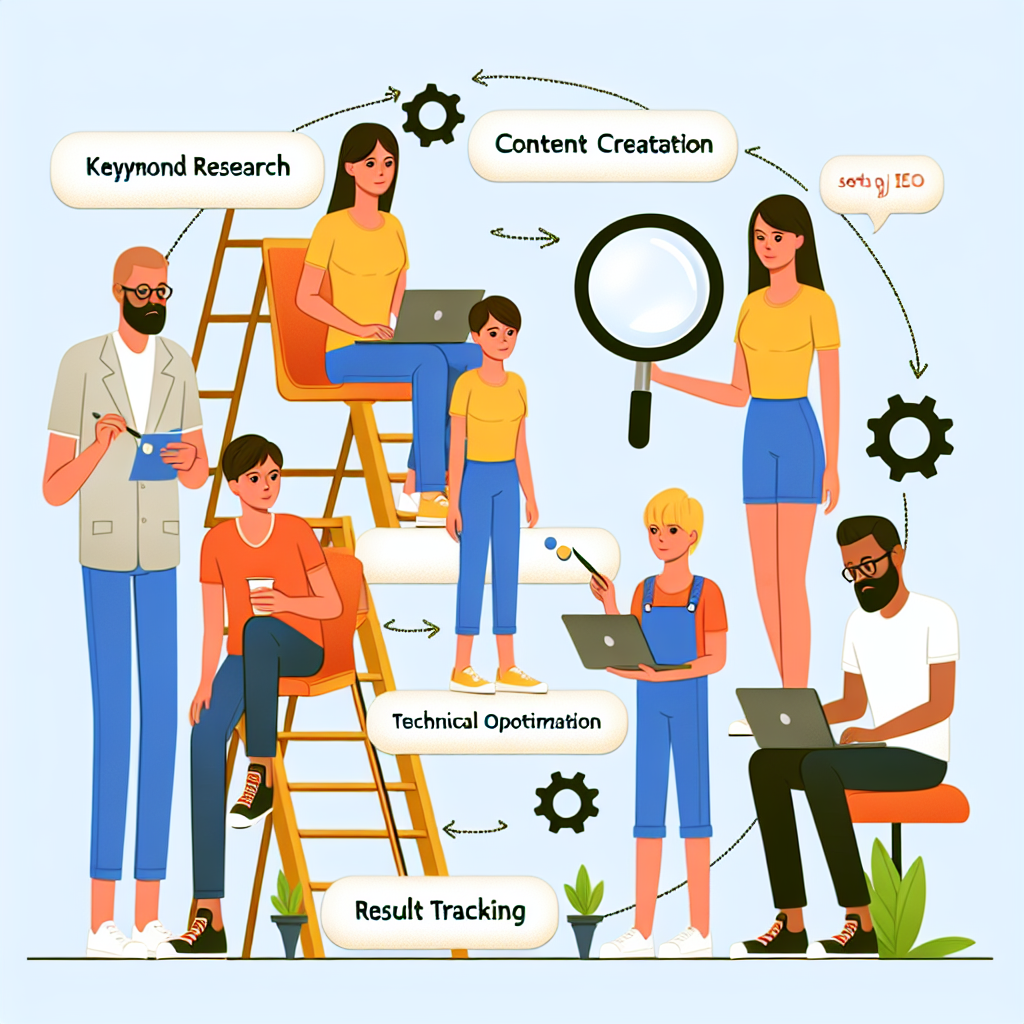 Ilustratie a unui proces pas cu pas pentru optimizarea SEO a unui site, incluzand cercetarea cuvintelor cheie, crearea de continut, optimizarea tehnica si monitorizarea rezultatelor, cu un aspect asemanator unei fotografii reale. Toate persoanele sunt de tip european.