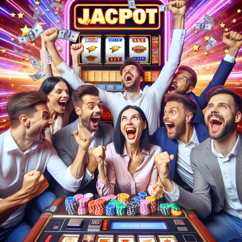 Imagine cu un grup de oameni de tip european care sarbatoresc o victorie la un automat de joc, exprimandu-si bucuria. Scena arata ca o fotografie realista, cu elemente de <a href=