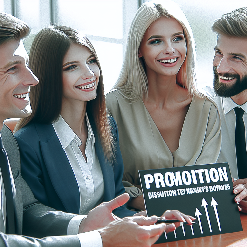 Imaginea unei echipe de specialisti in marketing care discuta strategia de promovare a companiei. Toti au aspect european, zambesc si participa activ la discutie. Fundalul este un birou, intr-o atmosfera profesionala.