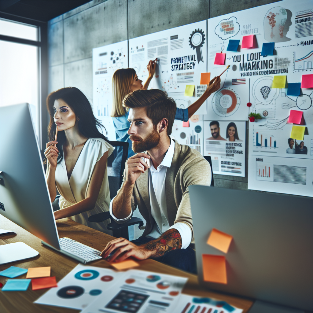 Imaginea unei echipe de specialisti in marketing care lucreaza la strategia de promovare a companiei. Toti prezinta un aspect european. Fundalul biroului este dotat cu calculatoare moderne si note pe pereti.