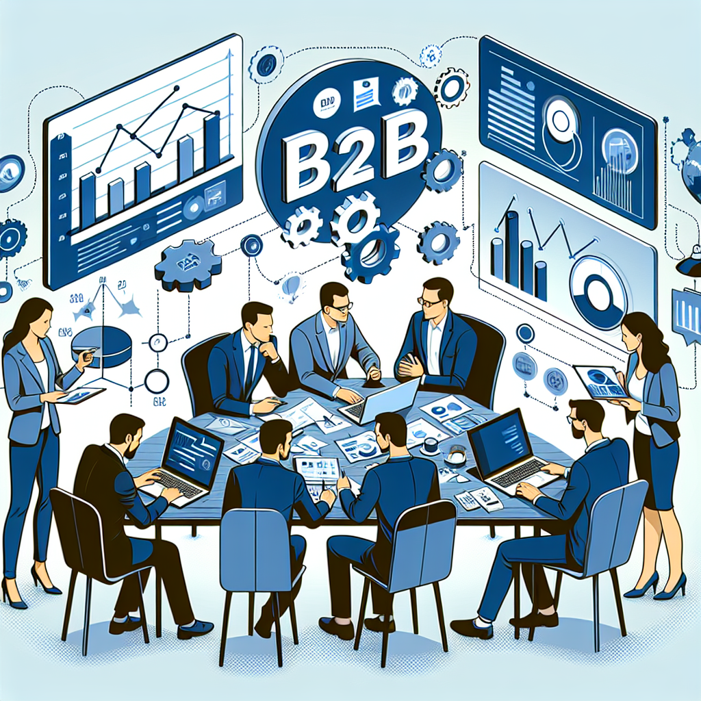 Creati o imagine care reprezinta conceptul de marketing B2B, cu elemente precum grafice, diagrame si echipe discutand despre un proiect, cu trasaturi europene.