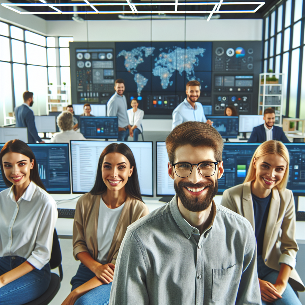 Imagine a unui birou modern al unei companii IT, cu angajati multumiti si echipamente tehnologice, stilul fiind modern si profesional, in timp ce aspectul oamenilor este de tip european.