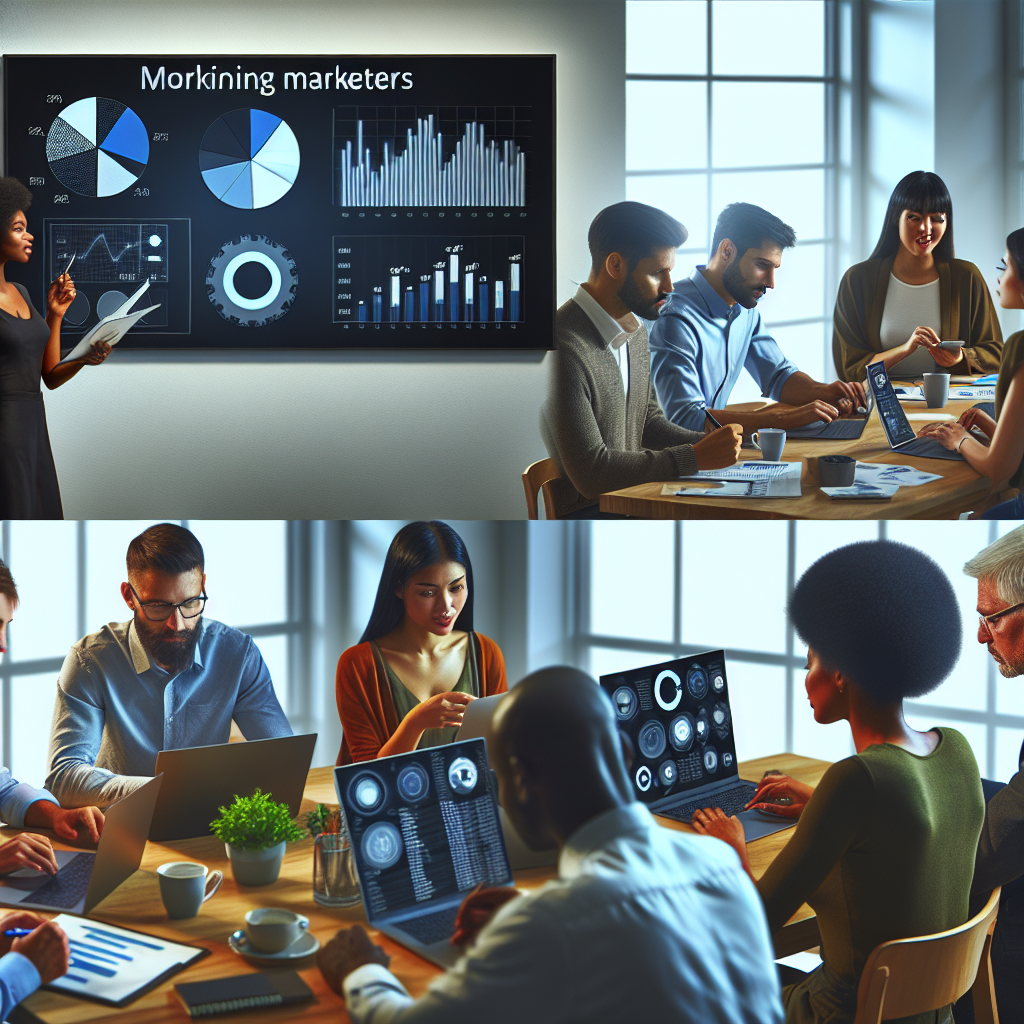 Imagine fotorrealista care arata o echipa de marketing in timpul lucrului, analizand <a href=